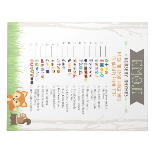 Woodland Emoji Kinderzimmer Rhyme Game Baby Dusche Notizblock (Vorderseite)