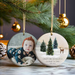 Woodland Erste Weihnachtsfeier mit dem Geburtsstat Keramik Ornament<br><div class="desc">Feiern Sie das allererste Weihnachtsfest Ihres Babys im herzerwärmenden Stil! Dieses einzigartige Waldland-Ornament besticht durch seine wertvollen Geburtsstatistiken und das Foto,  was es zu einem zeitlosen Sake macht. Eine perfekte Erbschaft,  die in jeder festlichen Saison an sentimentalem Wert wächst! Sammlung von Ornamenten</div>