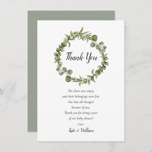 Woodland Eucalyptus Greenery Baby Shower Gedicht Dankeskarte (Vorne/Hinten)