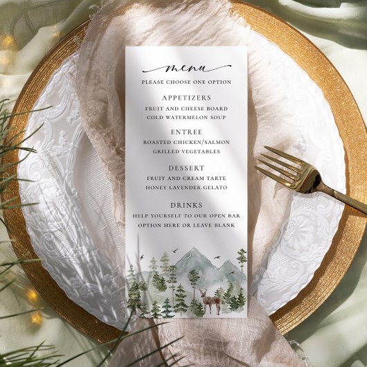 Woodland Evergreen Wedding Menu Werbekarte