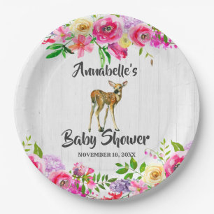 Woodland Fawn Deer Watercolor Floral Baby Dusche Pappteller