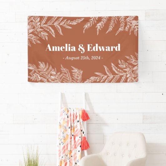 Woodland Fern Wedding Welcome Terracotta Banner (Insitu)