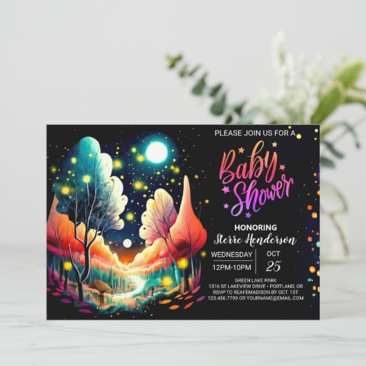 Woodland Fireflies Dreamy Night Baby Dusche Einladung (Stehend Vorderseite)
