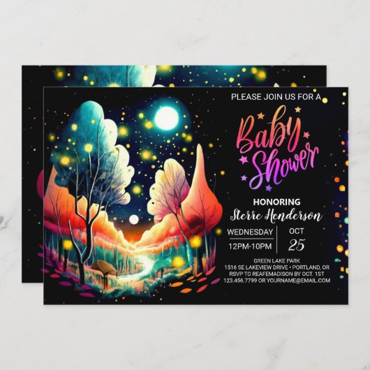 Woodland Fireflies Dreamy Night Baby Dusche Einladung (Vorne/Hinten)
