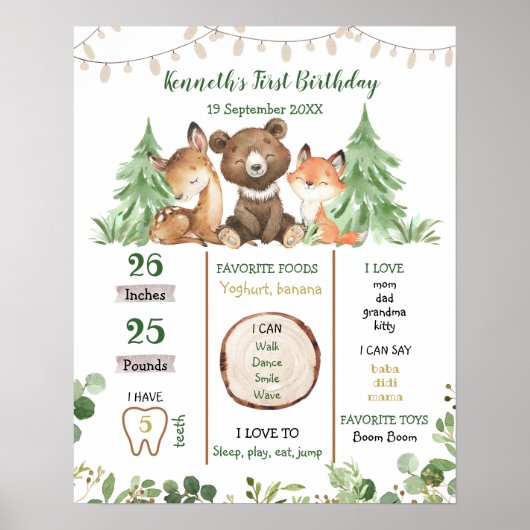 Woodland First Birthday Sign Poster (Vorne)