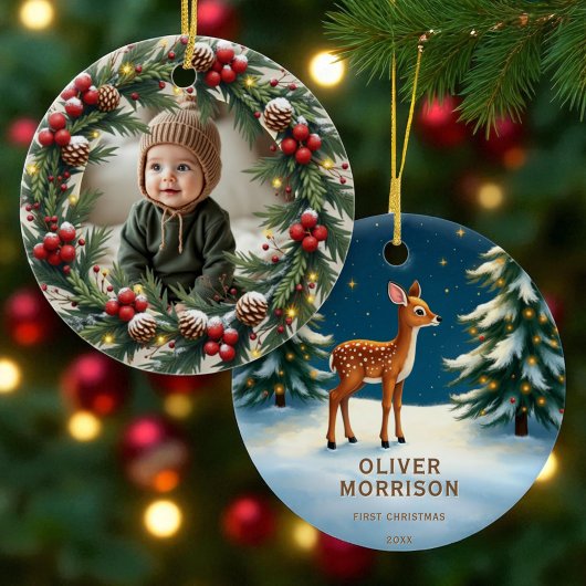 Woodland First Christmas Baby Dealer Personalisier Keramik Ornament