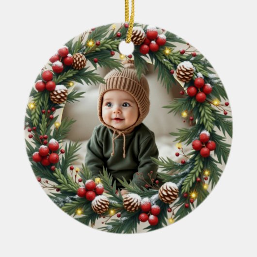 Woodland First Christmas Photo Keramik Ornament (Vorne)