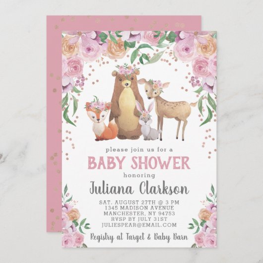Woodland Floral Baby Dusche Einladung (Vorne/Hinten)