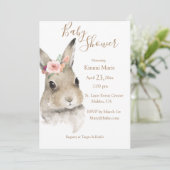 Woodland Floral Bunny Wcolor Script Baby Einladung (Stehend Vorderseite)