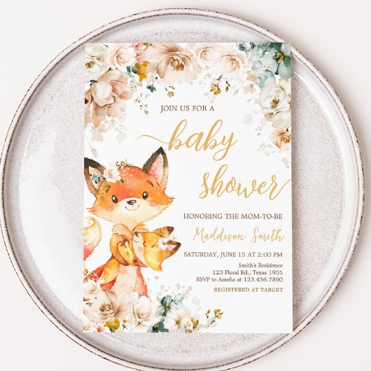Woodland Floral Fox Babydusche Einladung