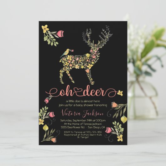 Woodland Floral Oh Deer Baby Dusche Einladung (Stehend Vorderseite)