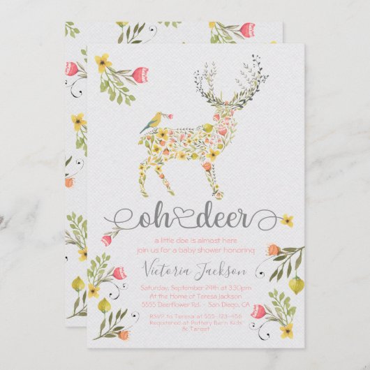Woodland Floral Oh Deer Baby Dusche Einladung (Vorne/Hinten)