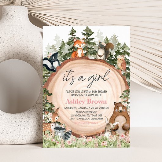 Woodland Floral Wood Slice Baby Dusche Einladung