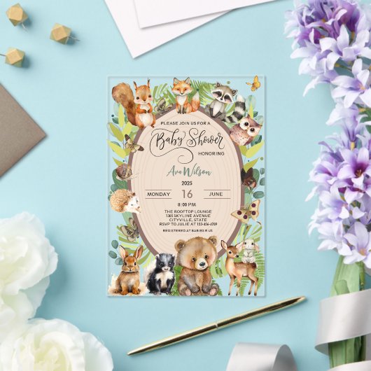 Woodland Forest Animal Baby Dusche Rustikale Veget Acryleinladungen (In Situ (Hochzeit))