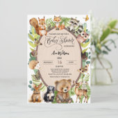 Woodland Forest Animal Baby Dusche Rustikale Veget Einladung (Stehend Vorderseite)