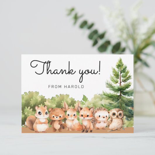 Woodland Forest Animal Friends Boy Baby Dusche Dankeskarte (Stehend Vorderseite)