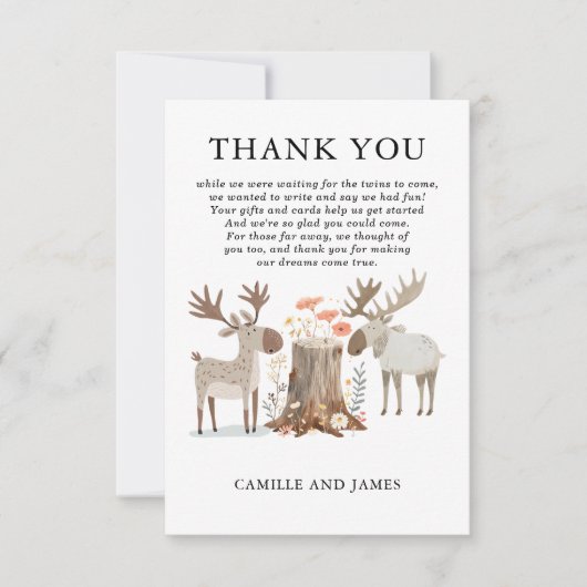 Woodland Forest Animal Twins Kinderdusche Vielen D Dankeskarte (Vorderseite)