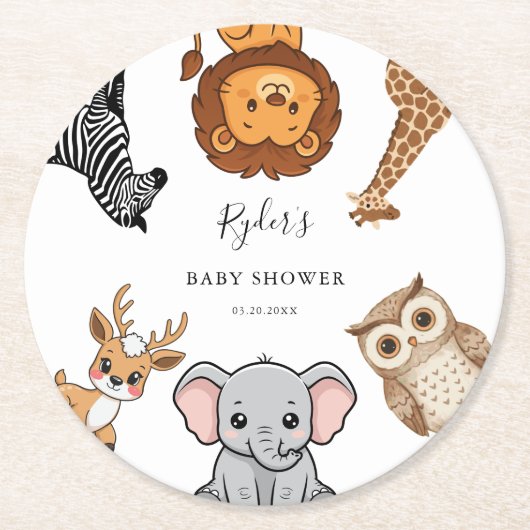 Woodland Forest Animals Baby Shower Runder Pappuntersetzer (Vorderseite)