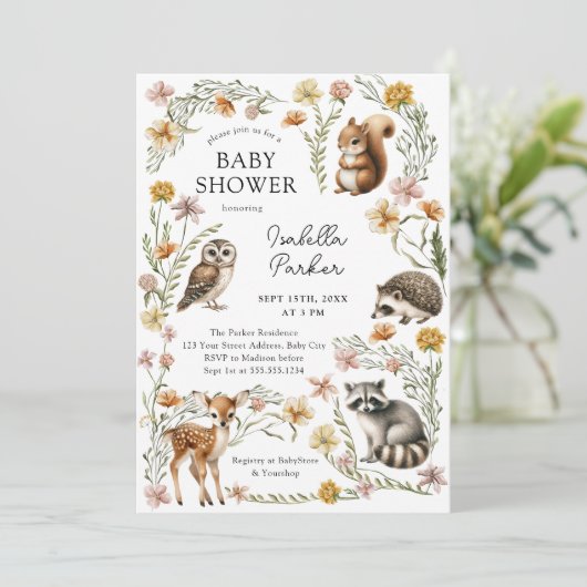 Woodland Forest Animals Kinderdusche Einladung (Stehend Vorderseite)