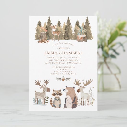 Woodland Forest Animals Kinderdusche Einladung (Stehend Vorderseite)