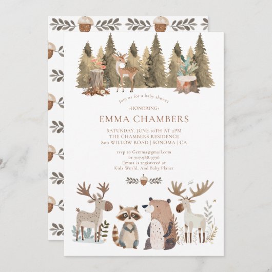 Woodland Forest Animals Kinderdusche Einladung (Vorne/Hinten)