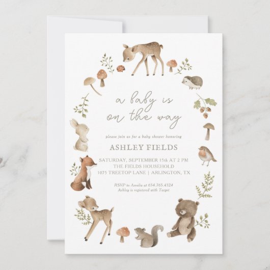 Woodland Forest Animals Kinderdusche Einladung (Vorderseite)