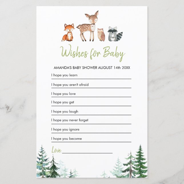 Woodland Forest Baby Dusche Wünsche für Baby Game (Vorderseite)