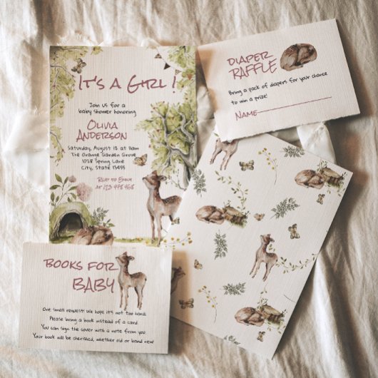 Woodland Forest Cute Deer Animals Girl Baby Shower Einladung