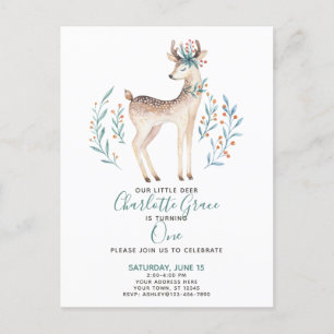 Woodland Forest Deer Baby's First 1st Birthday Einladungspostkarte