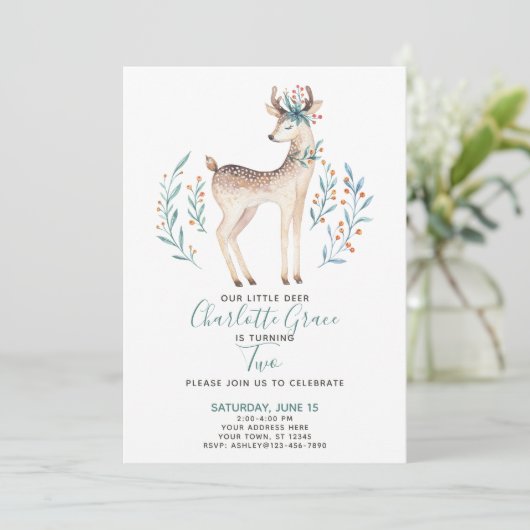 Woodland Forest Deer Baby's Second 2. Einladung (Stehend Vorderseite)