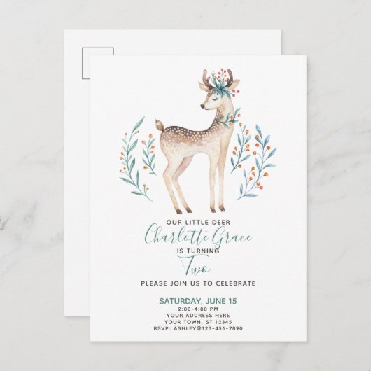 Woodland Forest Deer Baby's Second 2. Einladungspostkarte (Vorne/Hinten)