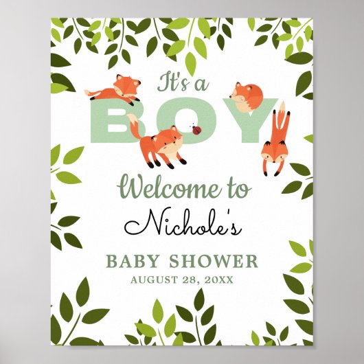 Woodland Forest Fox Baby Dusche Begrüßungszeichen Poster (Vorne)
