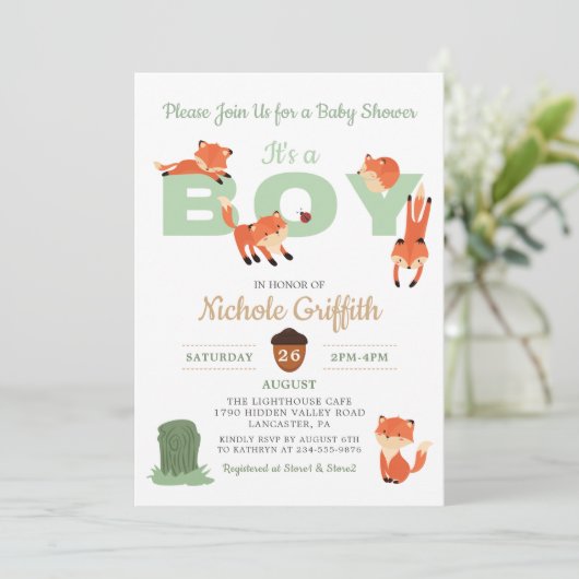 Woodland Forest Fox Baby Dusche Einladung (Stehend Vorderseite)