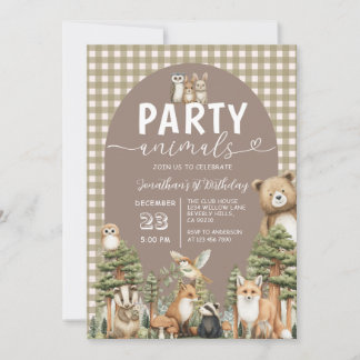 Woodland Forest Party Animals 1st Birthday Gingham Einladung