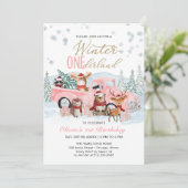 Woodland Forest Pink Truck ONEderland 1st Birthday Einladung (Stehend Vorderseite)