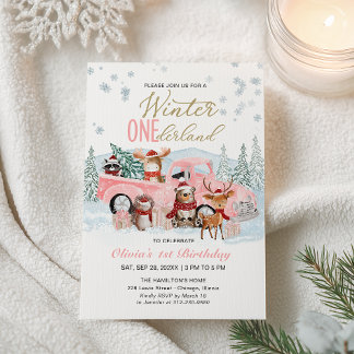 Woodland Forest Pink Truck ONEderland 1st Birthday Einladung