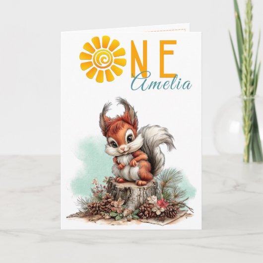 Woodland Forest Squirrel First Birthday Card Karte (Vorderseite)