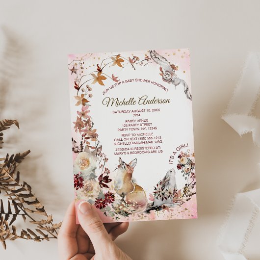 Woodland Forest Watercolor Floral Girl Babydusche Einladung