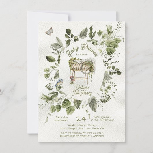 Woodland Forest Wreath Crib Cradle Baby Dusche Einladung (Vorderseite)