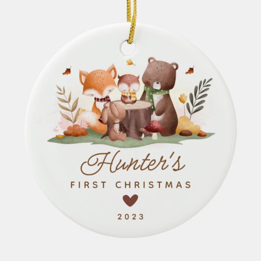 Woodland Foto Baby's First Christmas Keramik Ornament (Vorne)