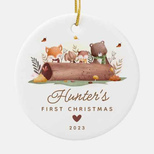 Woodland Foto Baby's First Christmas Keramik Ornament (Vorne)