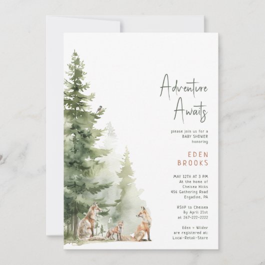 Woodland Fox Adventure erwartet Baby Shower Einladung (Vorderseite)
