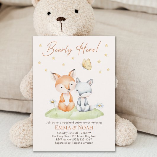 Woodland Fox and Bear Neutral Baby Shower Einladung