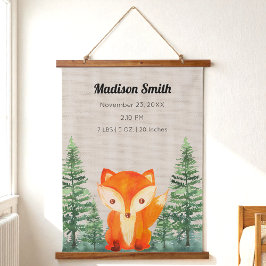 Woodland Fox Baby Birth Stats Kinderzimmer Wandteppich Mit Holzrahmen
