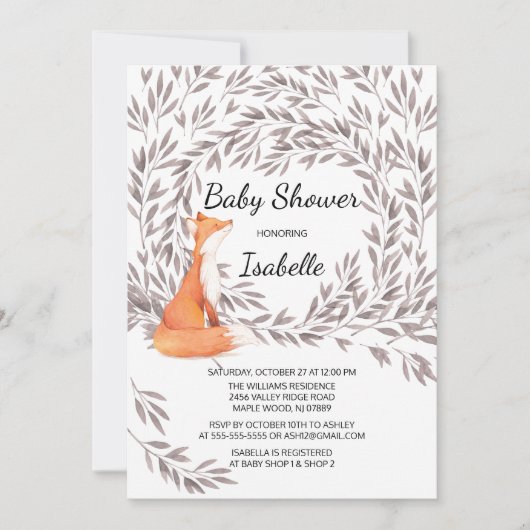 Woodland Fox Babydusche einladen Einladung (Vorderseite)