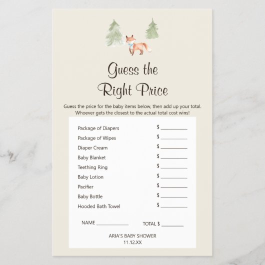 Woodland Fox Boy Shower schätzt das richtige Preis Flyer (Vorne)