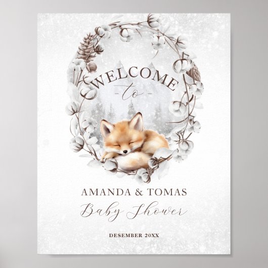 Woodland Fox Elegant Winter Baby Dusche Willkommen Poster (Vorne)