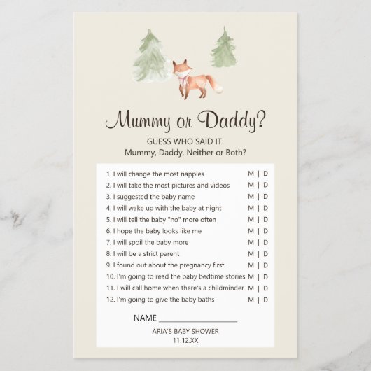 Woodland Fox Girl Baby Showmama oder Daddy Game Flyer (Vorne)