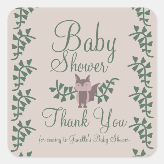 Woodland Fox Greenerenery Kinderdusche Rustikal Quadratischer Aufkleber (Vorderseite)