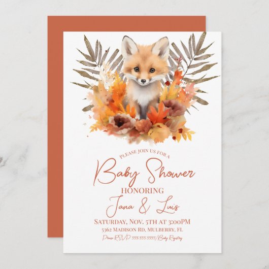 Woodland Fox Greenery Aquarellleaf Kinderdusche Einladung (Vorne/Hinten)